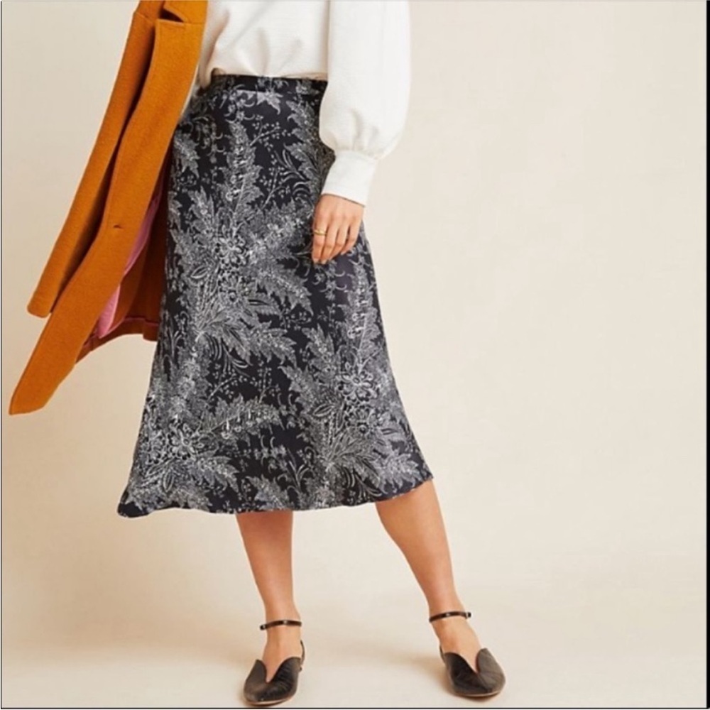 Anthropologie Bias Satin Floral Midi Skirt Black Size 10